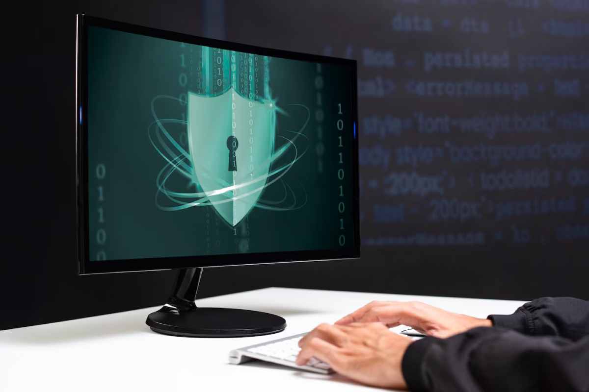 Person typing on keyboard with computer screen displaying a digital security shield and binary code.