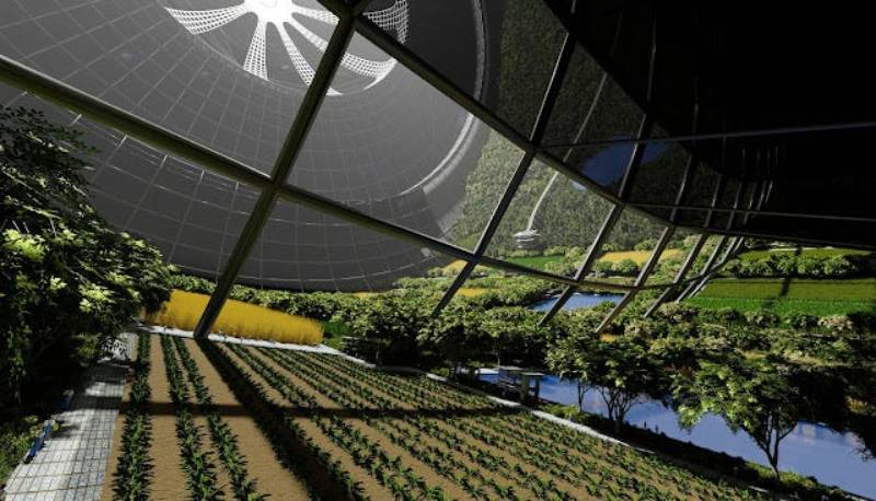 Interior of a futuristic greenhouse with extensive plant cultivation under a large dome structure.