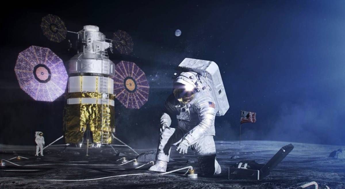 An astronaut performs tasks near a spacecraft on the moon, with the Earth visible in the background.