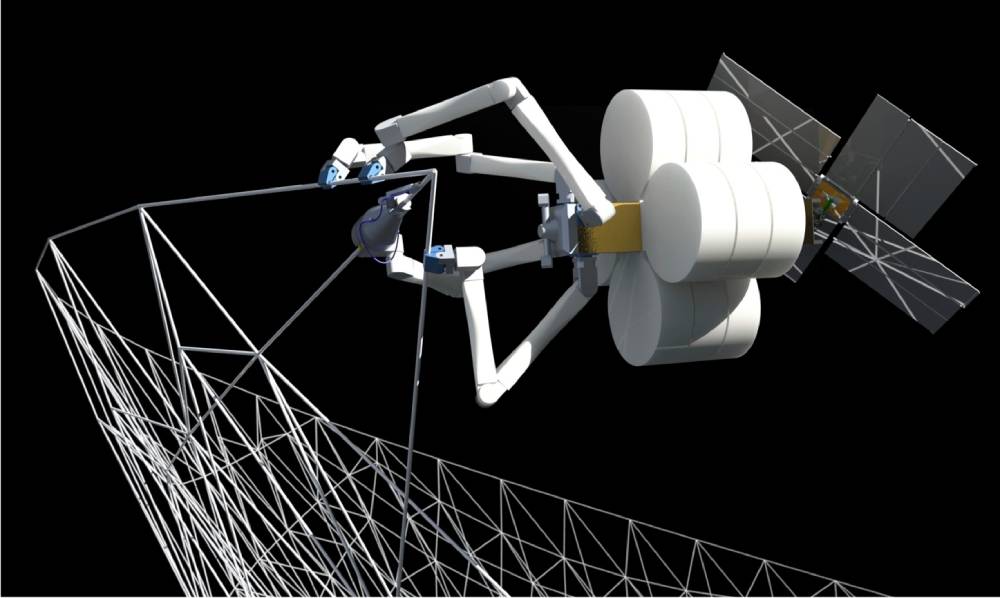 3D rendering of a satellite with large antenna array and solar panels in space.