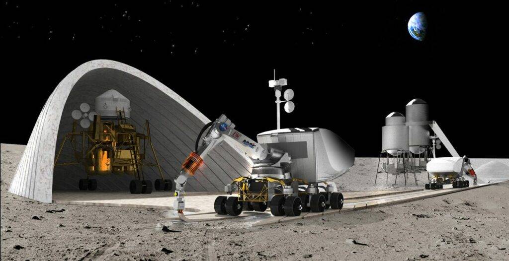 Conceptual illustration of a lunar base with habitats, a mining robot, and Earth visible in the background.