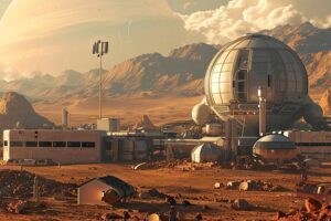 Futuristic Mars colony with spherical buildings and scattered debris under a dusky sky.