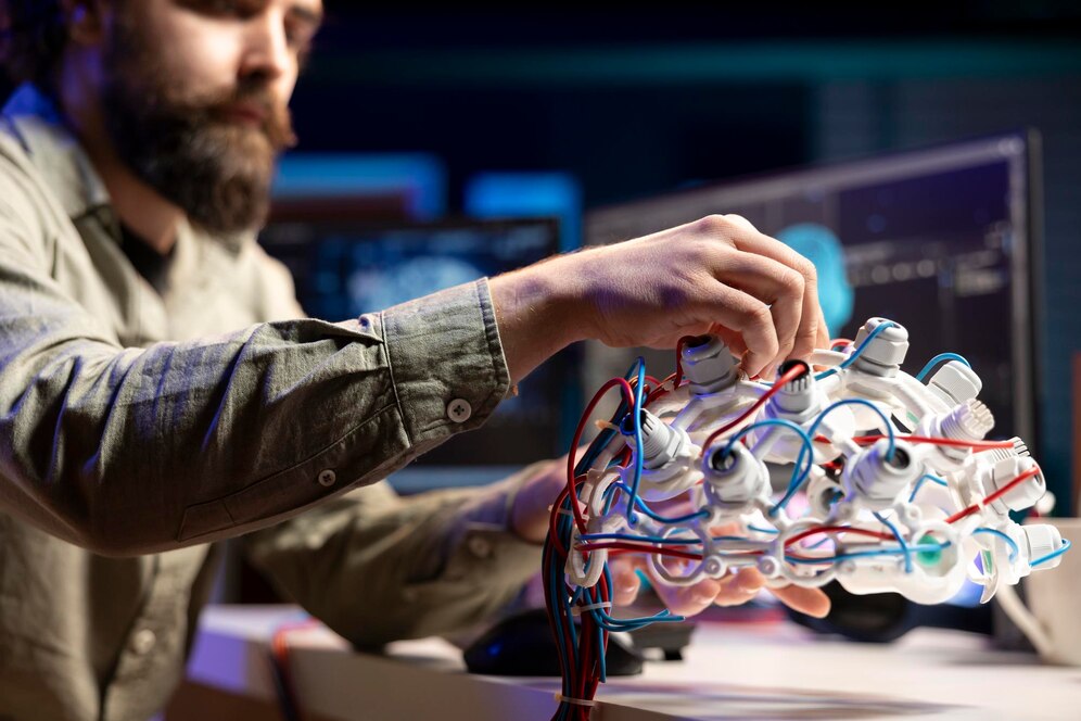 A man adjusting intricate wires on a complex electronic device in a dimly lit lab.