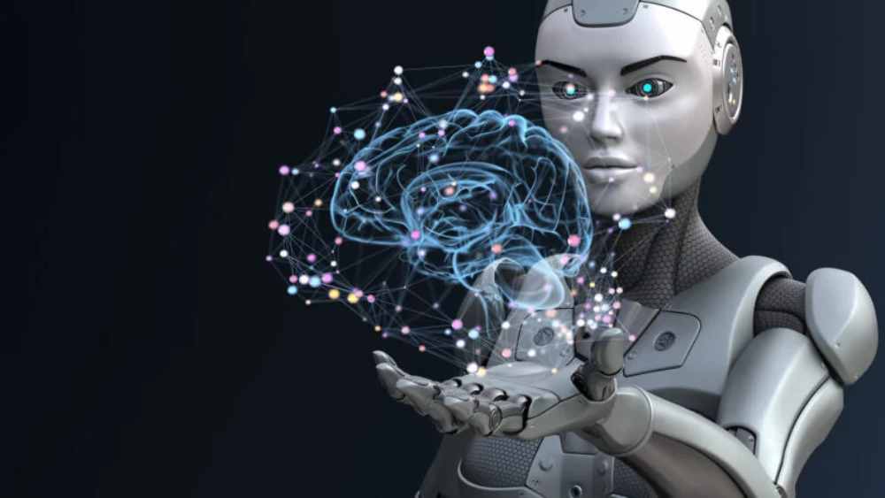 A humanoid robot examining a complex, glowing neural network