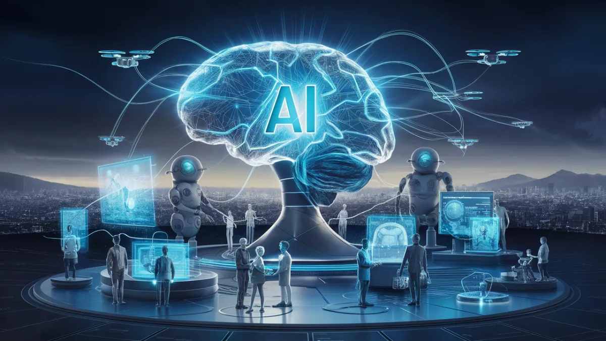 A futuristic scene depicting a glowing brain labeled 