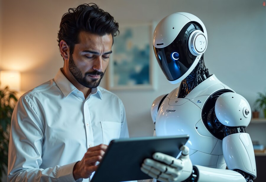 A man in a white shirt using a tablet with a humanoid robot next to him.