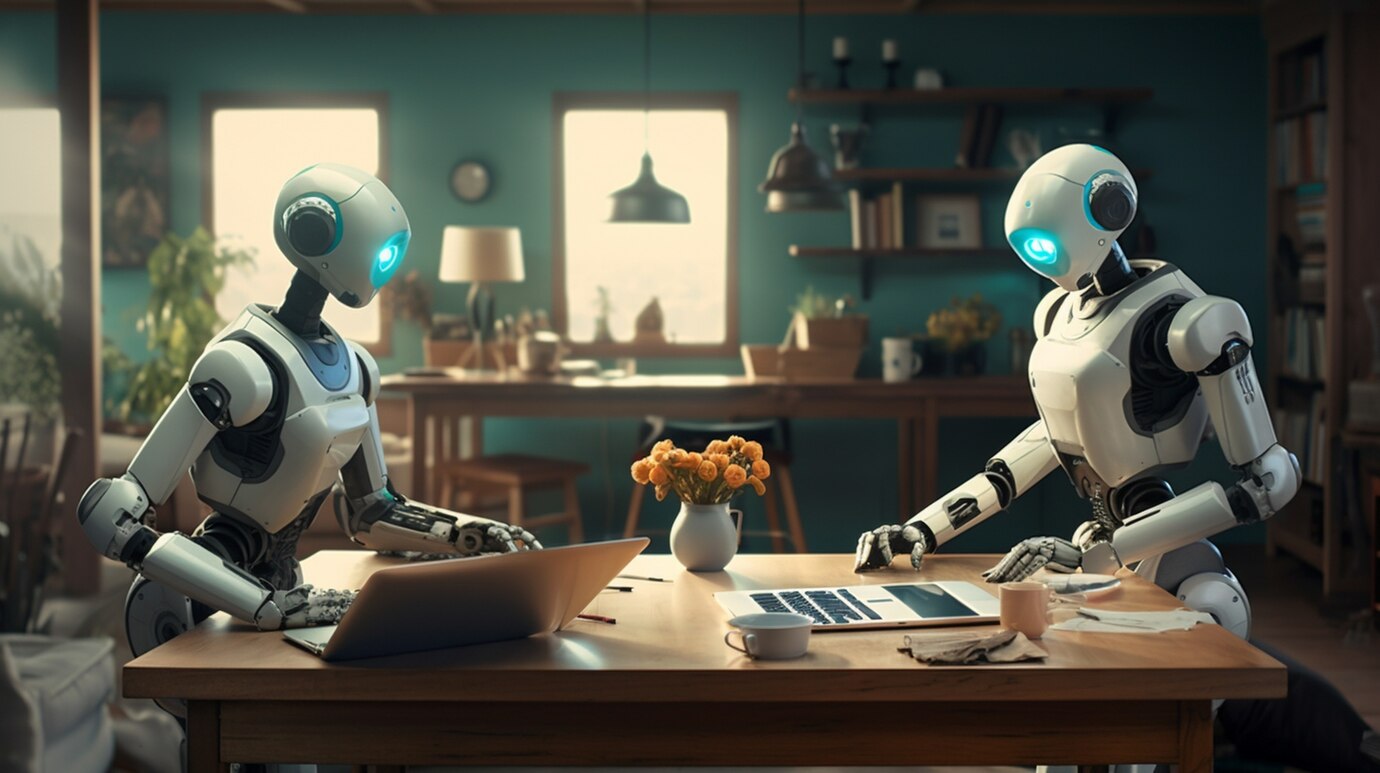 Two humanoid robots sit at a wooden table in a cozy home office