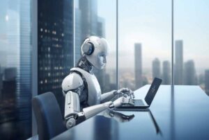 A humanoid robot using a laptop at a desk with a cityscape background.