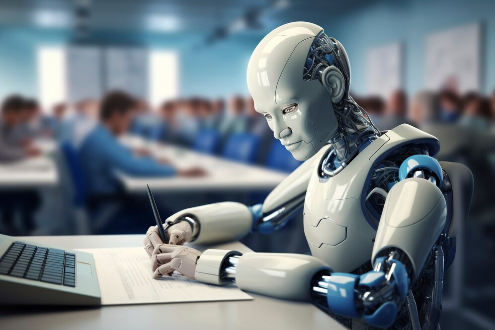 A humanoid robot with exposed mechanical parts attentively writes on a paper