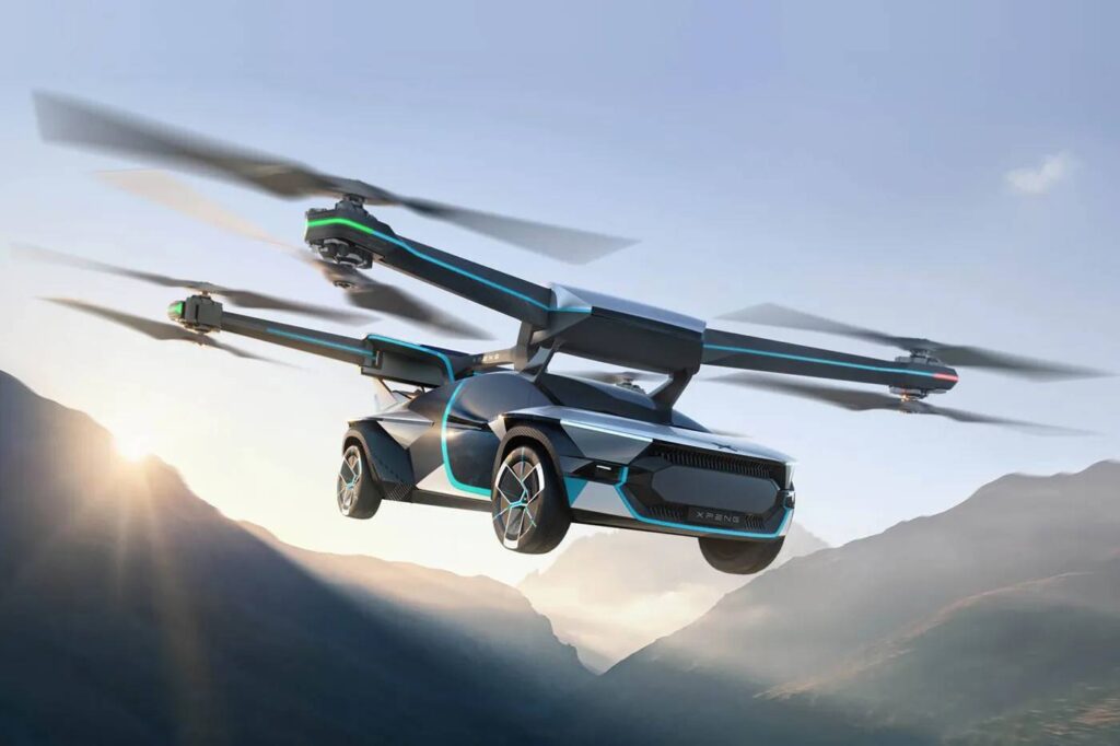 A futuristic flying car with large propellers