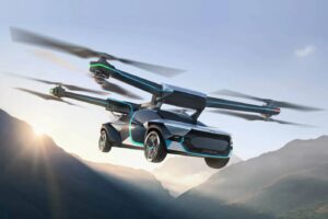 A futuristic flying car with large propellers