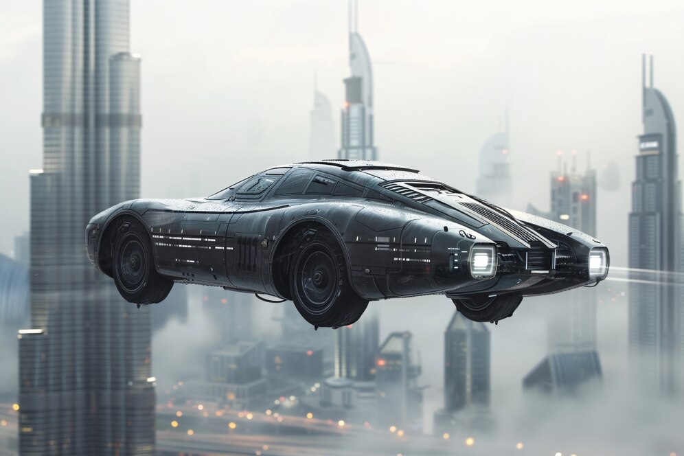A futuristic black flying car soars among misty skyscrapers