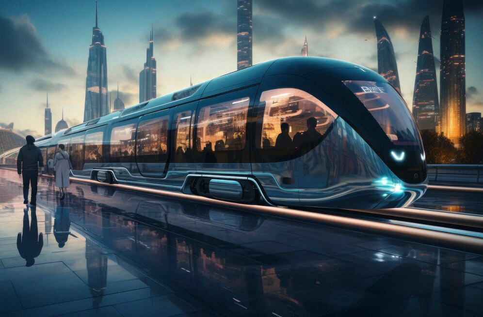 Futuristic train station with a sleek train, reflective surfaces