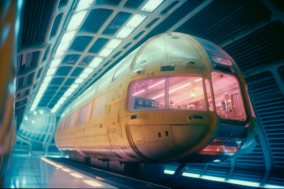 Futuristic yellow train in a modern station with an illuminated,