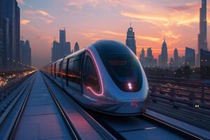 Futuristic train with pink accent lights traveling on elevated tracks