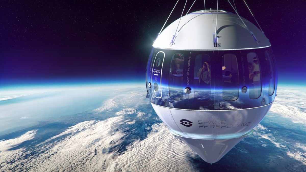 Space capsule with large windows carrying passengers high 