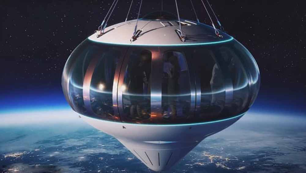 Futuristic glass pod hanging in space with people inside, overlooking Earth.