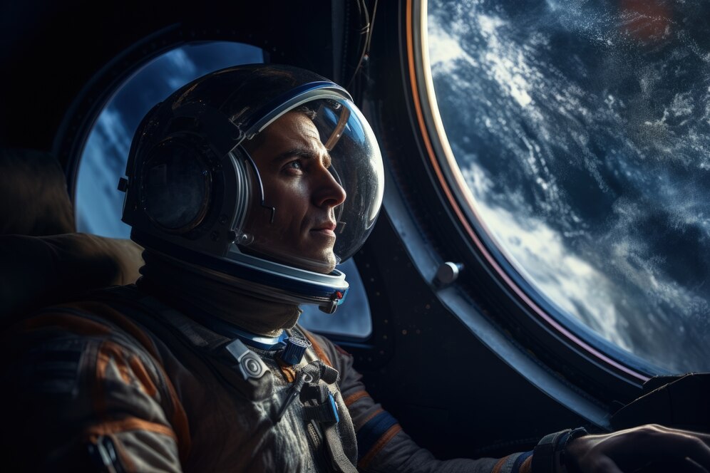 Astronaut in a helmet looking out the spacecraft window at Earth.