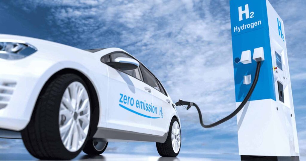 A white zero-emission hydrogen fuel cell car
