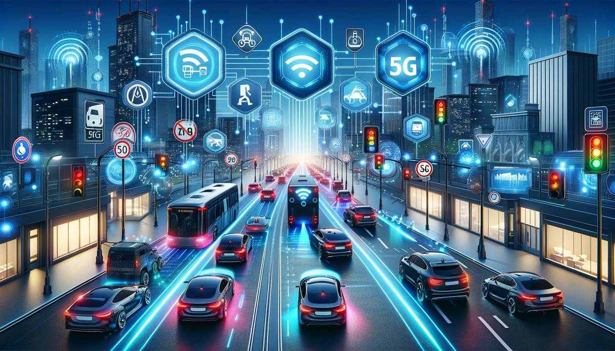 Futuristic cityscape showing smart cars on illuminated roads with various digital icons