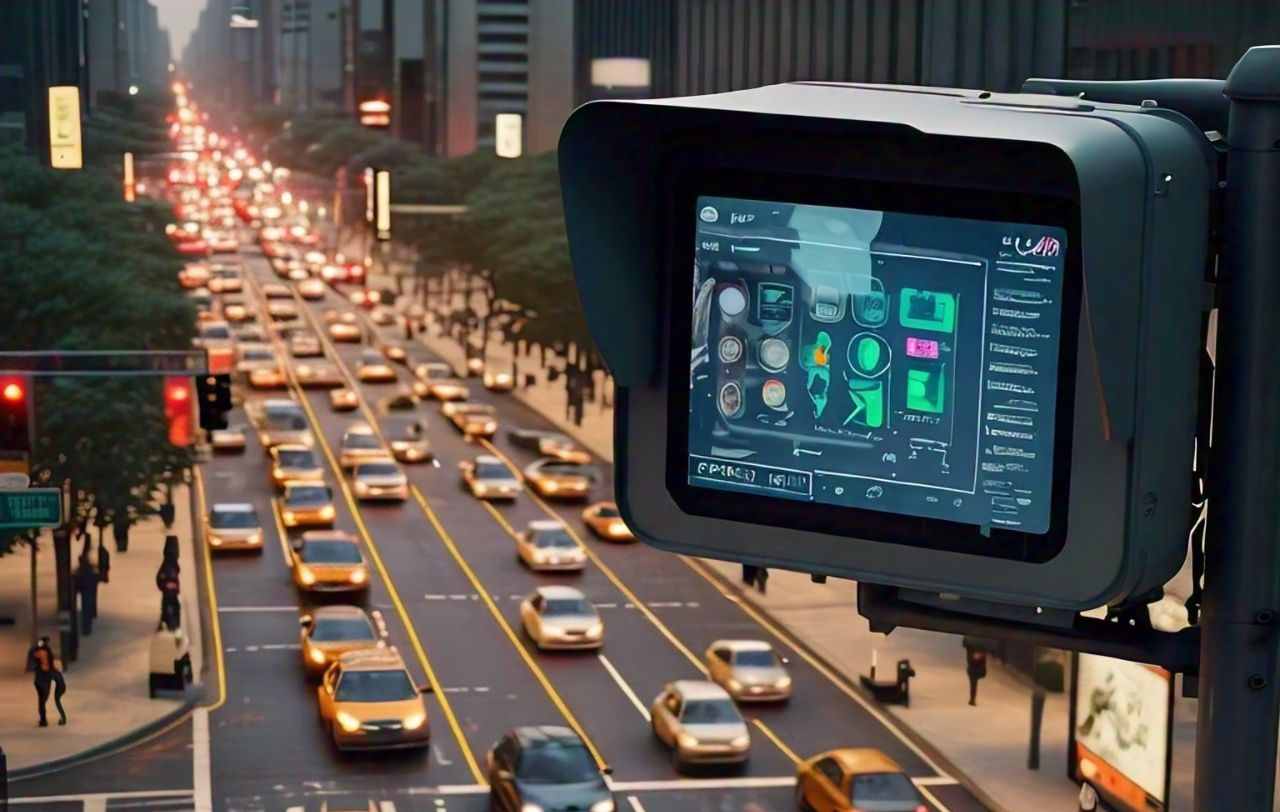 city street from a camera monitor displaying digital icons 