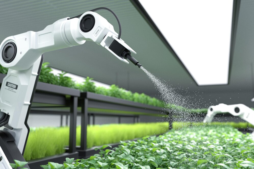 A white robotic arm spraying water on plants in a high-tech indoor farm.