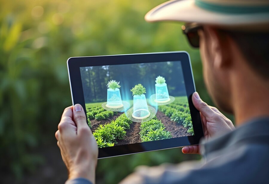 Person wearing a hat views augmented reality plants on a tablet in a garden.