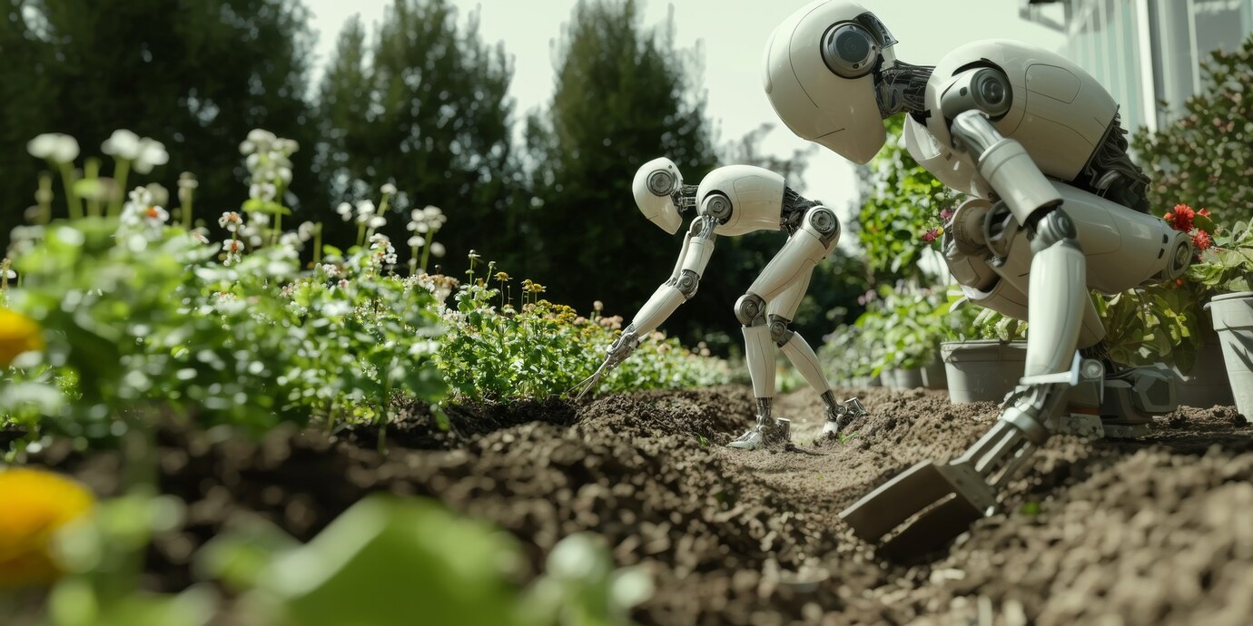 Two humanoid robots gardening, planting flowers in a sunlit garden bed.