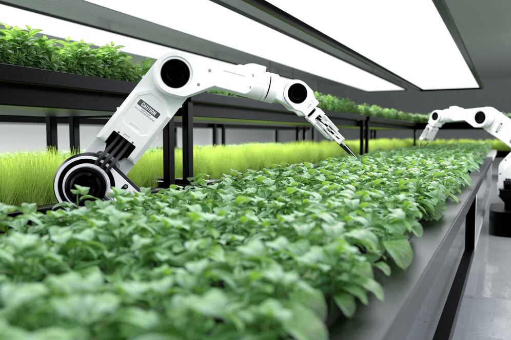 Robotic arms tending to indoor plants in a high-tech, modern agricultural setup.