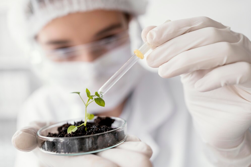 Scientist in lab coat and gloves adding liquid to a small plant in a petri dish.