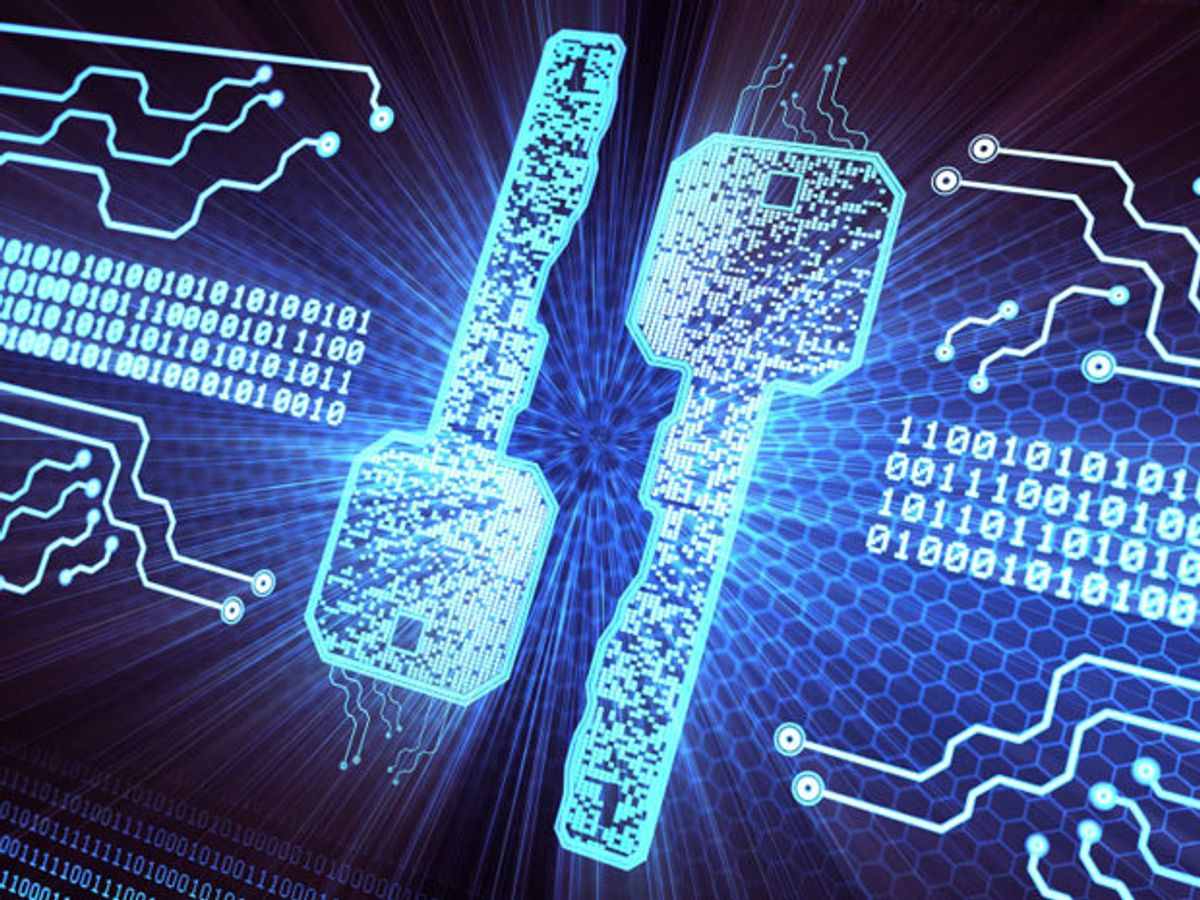 Digital graphic of glowing blue keys overlaying a circuit board pattern