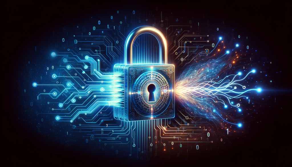 Digital concept art of a glowing padlock integrated with circuit lines