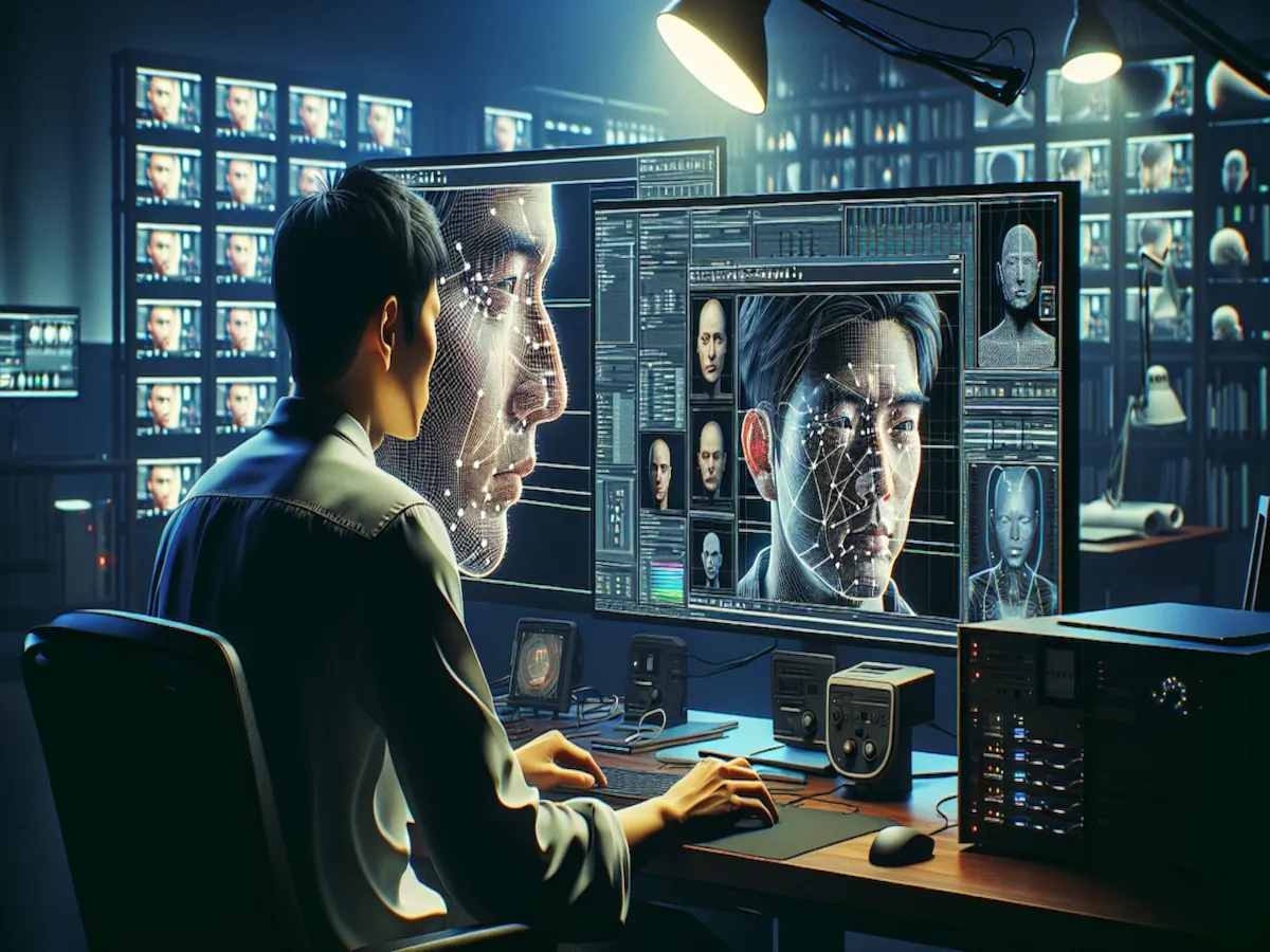 A person analyzing facial recognition data on multiple screens in a high-tech security room.