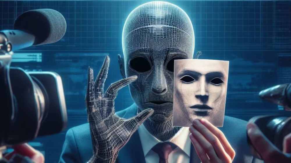 humanoid robot holding a mask in front of microphones, against a digital data