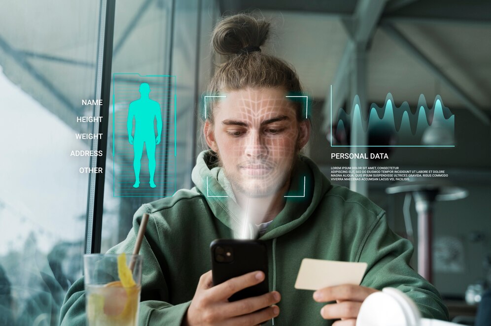 Young man with bun using smartphone, digital holograms