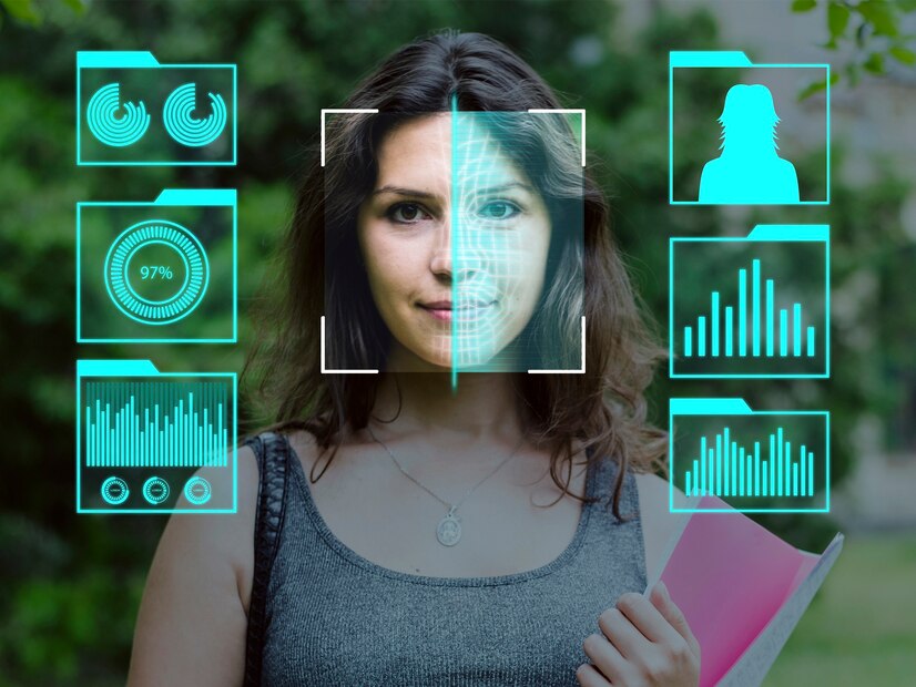 Woman with facial recognition technology interface displaying various data metrics