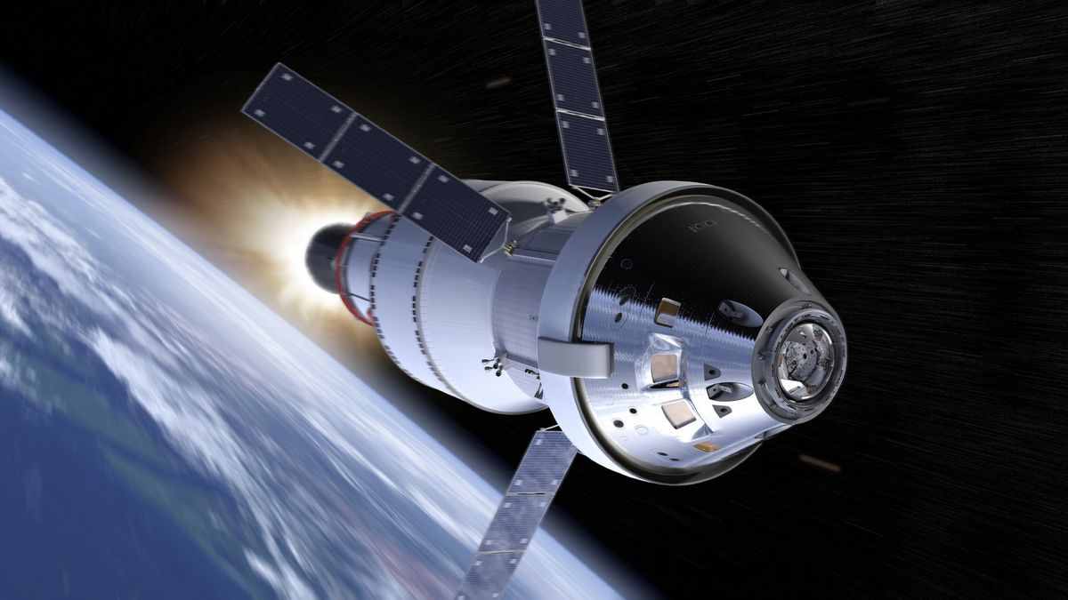A spacecraft with solar panels orbiting Earth