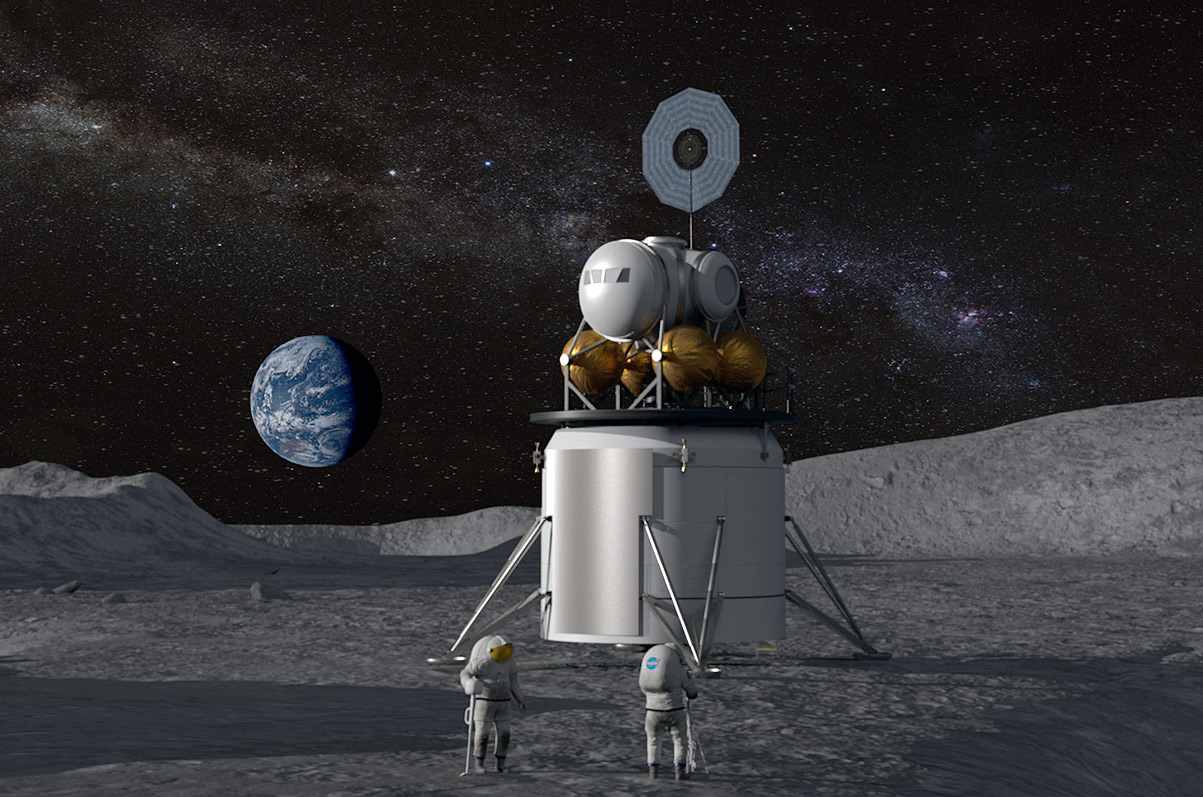 Astronauts next to a lunar lander on the moon with Earth