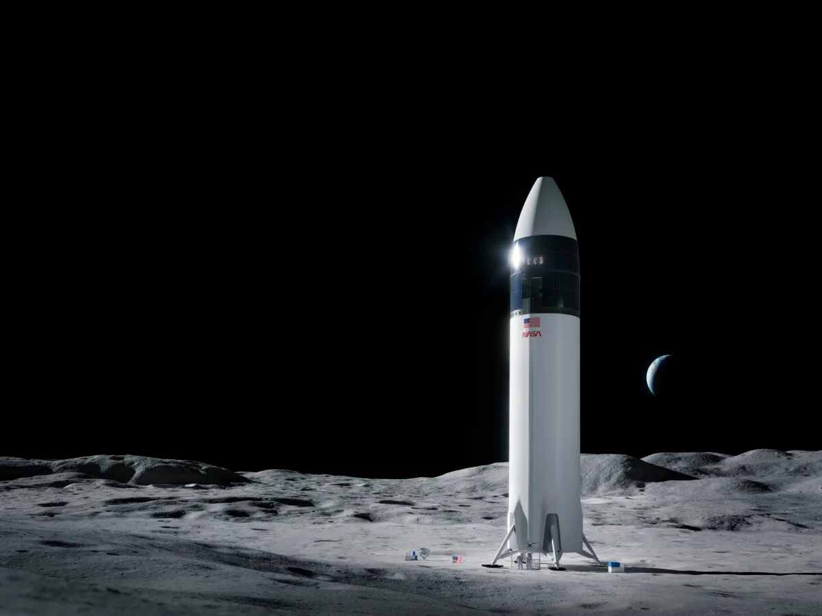 A spacecraft landed on a barren moon surface