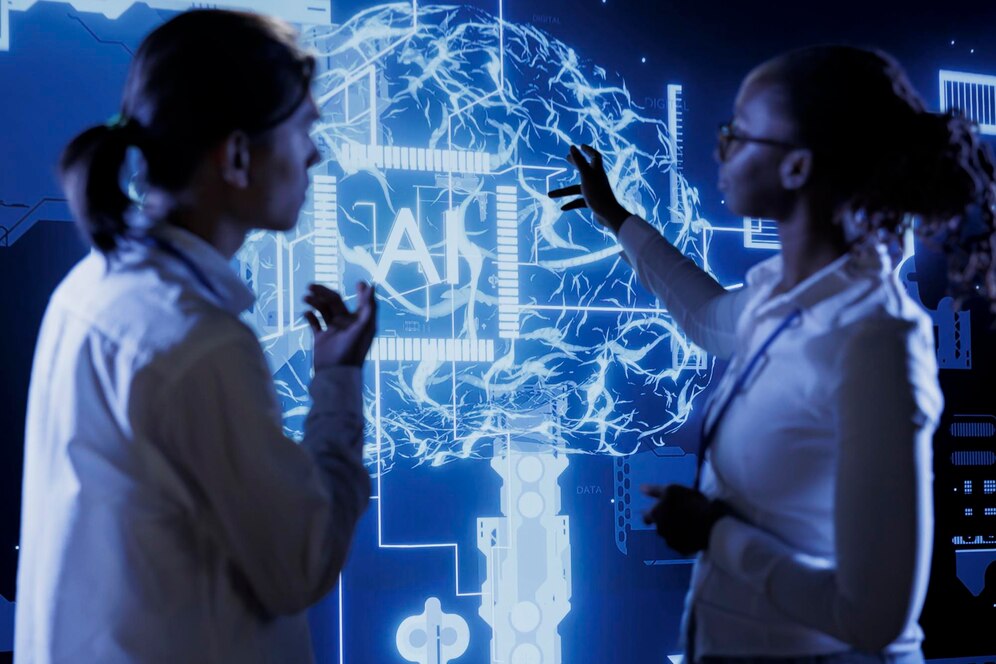 Two scientists discussing over a futuristic digital interface