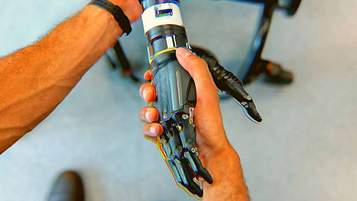 A person holds a robotic hand, showcasing advanced prosthetic technology