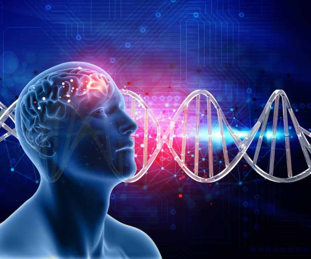  human head with visible brain activity connected to DNA strands