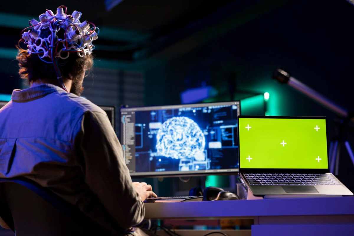 Man with brainwave-reading headset working at a computer with brain imaging