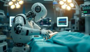 A robot performing surgery on a patient in a high-tech operating room.