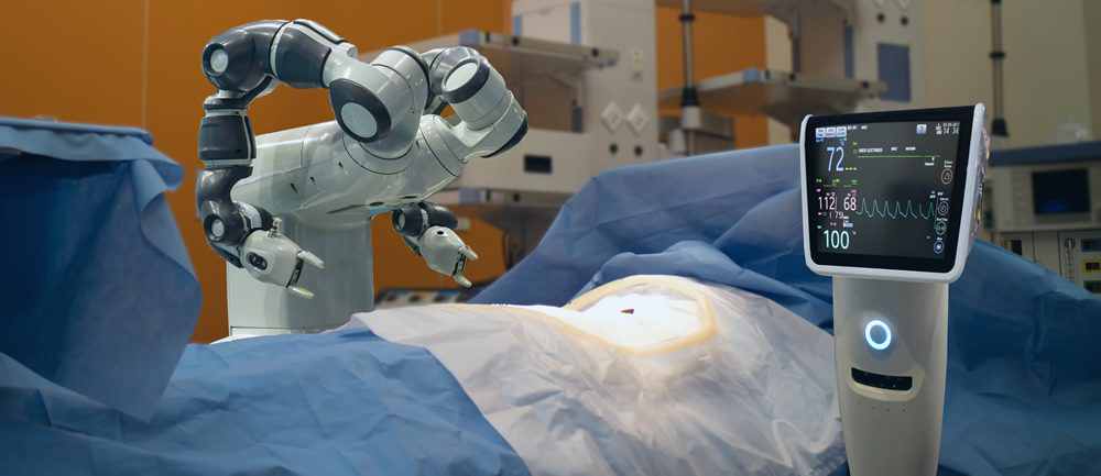 A robotic arm performing surgery on a patient in an operating room