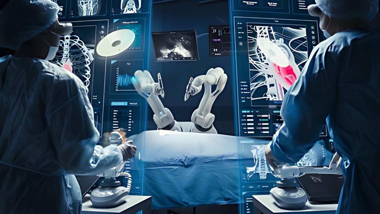 Robotic arms assist surgeons in a high-tech operating room