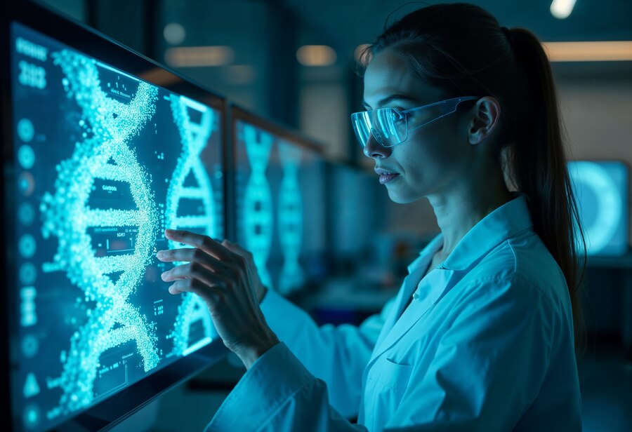 Scientist analyzing a glowing DNA structure on a digital screen in a dark laboratory.