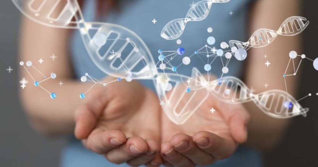 Person's hands presenting a floating holographic DNA structure