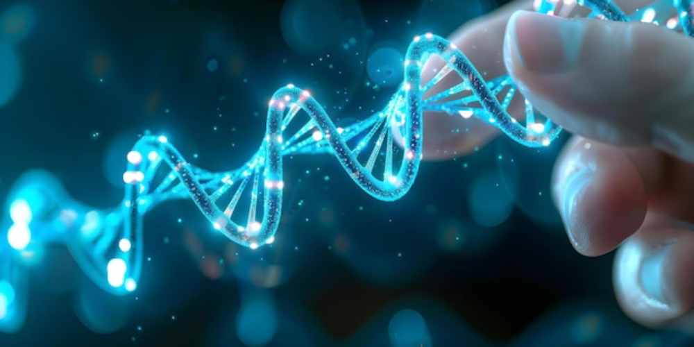 A hand interacts with glowing, futuristic DNA strands