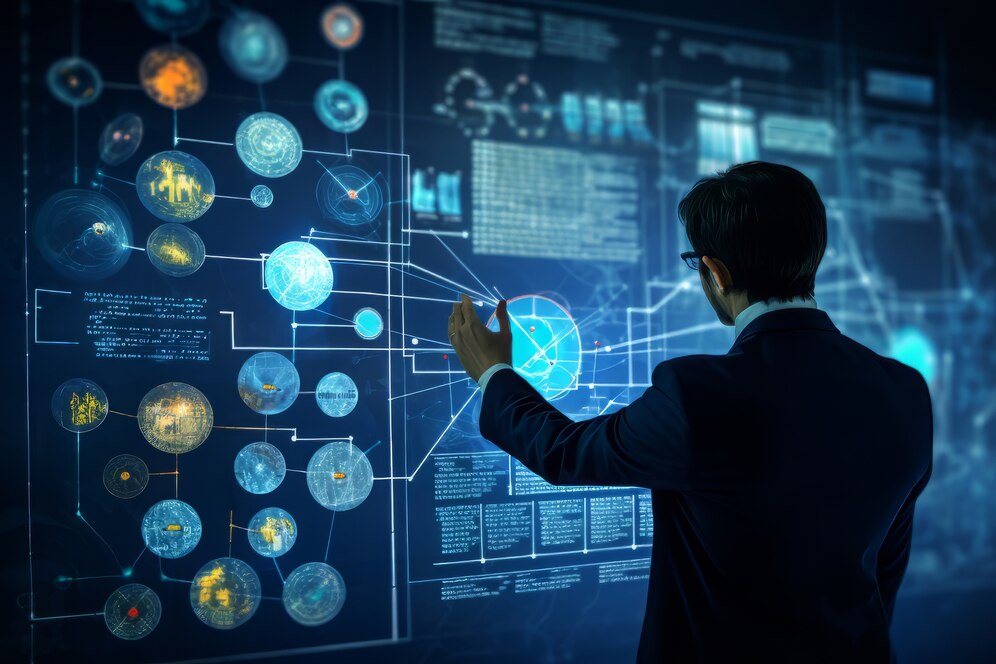 Man in suit interacting with futuristic holographic interface
